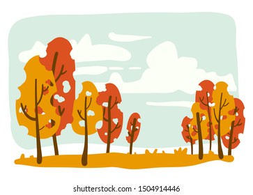 Illustrator vector format linear flat - Autumn background - illustration Landscape with trees, plants and copy space for text.