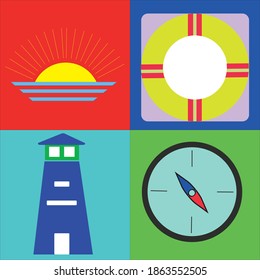 illustrator vector graphic icon of the sea, sunset, buoys, lighthouse tower, and compass, perfect for collections of marine icons, sea symbols, web, apps, etc.