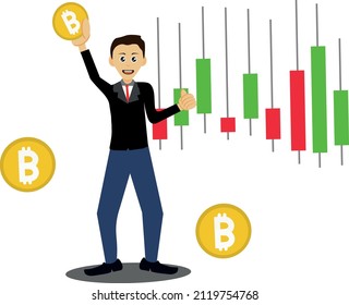 illustrator vector graphic of male profit bitcoin trader cartton and candle stick background. suitable for trading content, crypto, stocks, finance, binomo, bitcoin mining and how to get money