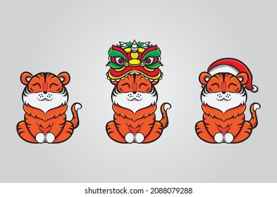 illustrator vector graphics of cute tiger Chinese New Year 2022 modern art design Set for greeting card, poster, website banner with beautiful stately, noble tiger. Hieroglyphics mean wishes of a Hap