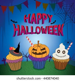 Illustrator vector of halloween cupcakes in holiday parties.Dark background colors.