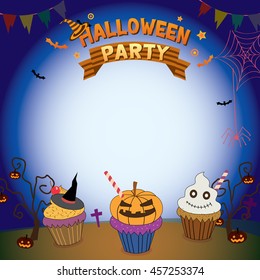 Illustrator vector of halloween cupcakes in holiday parties template for  invitation.Blank for your text or message.Dark background colors.