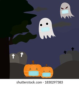Illustrator vector of Halloween night ,ghosts and pumpkin wearing facial mask For protect COVID-19