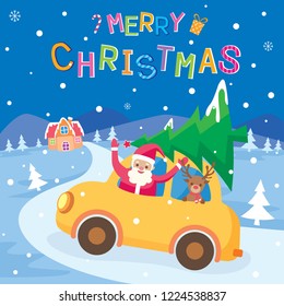Illustrator vector of Merry Christmas background design with santa claus and reindeer in the car.