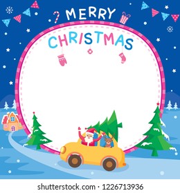 Illustrator vector of Merry Christmas background design for template frame with santa claus and reindeer in the car