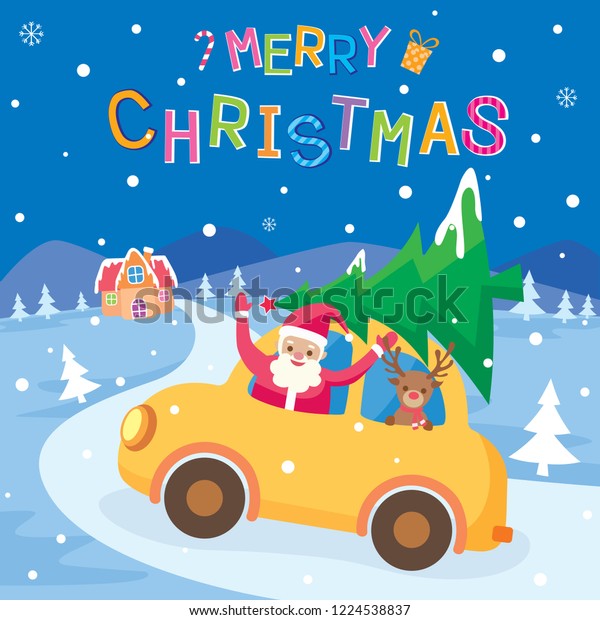 Illustrator vector of Merry\
Christmas background design with santa claus and reindeer in the\
car.