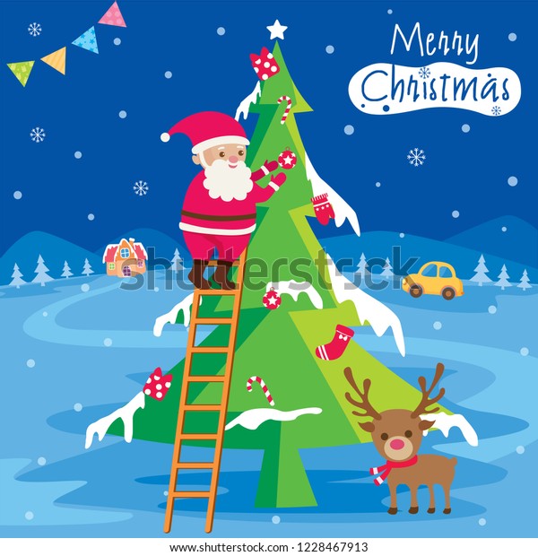 Illustrator vector of Merry\
Christmas background design with santa claus decorated Christmas\
tree