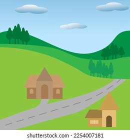 Illustrator vector of nature view with hill and blue sky and a village with small house