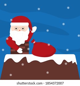 Illustrator vector of Santa clause in chimney on the roof with present bag