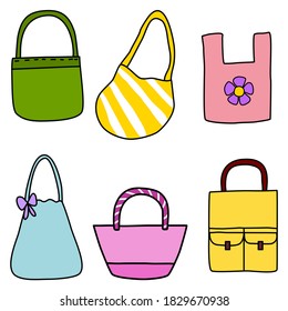 Illustrator, Vektorgrafik einer Reihe von Doodle-Stofftaschen zur Verringerung der Erderwärmung