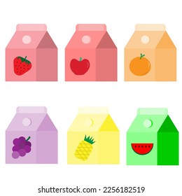 Illustrator vector of a set of fruit juice boxes ; strawberry, apple, orange, grape, pineapple, watermelon