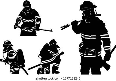 illustrator vector silhouette firefighters pose                        