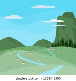 Illustrator vector of village in the middle of Mountain , view of mountain ,meadow and blue sky