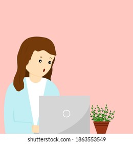 Illustrator vector of woman working on notebook alone, work at home