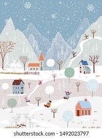 Illustrator winter landscape,Vector of horizontal banner of winter wonderland at countryside with snow covering, Happy with kids sledding in the winter park and couple with skiing on the mountain