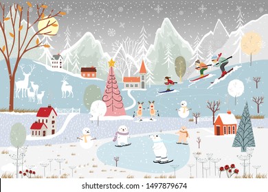 Illustrator winter landscape,Vector of horizontal banner of winter wonderland at countryside with snow covering, polar bear playing ice skates in the winter park and family skiing on the mountain