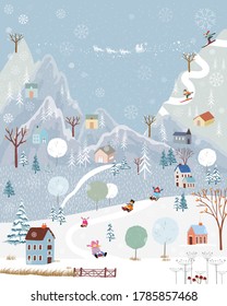 Illustrator Winter Landscape,Vector Of Horizontal Banner Of Winter Wonderland At Countryside With Snow Covering, Happy With Kids Sledding In The Winter Park And Couple With Skiing On The Moutain