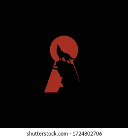 illustrator of a wolf at night, in the frame of a keyhole, the color of the sky is red and there is a face of someone shouting at the cliff