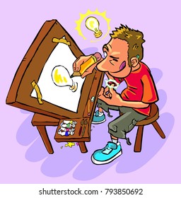 Illustrator at work on his desk has an idea for his illustration and draws the same bulb idea which appears on his head.