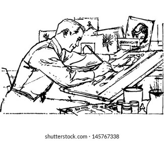 Illustrator At Work - Retro Clip Art Illustration