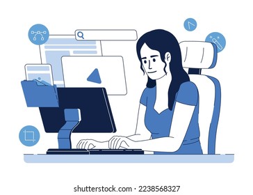 Illustrator working on computer flat concept vector illustration. Designer job. Editable 2D cartoon character on white for web design. Creative idea for website, mobile, presentation