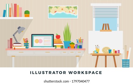 Illustrator workspace. Vector flat illustrators. Workplace of designer with devices for work.
