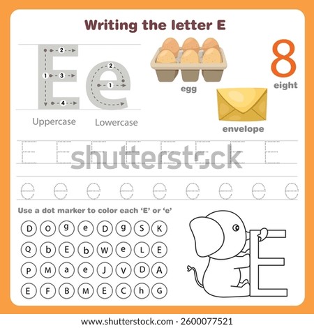 Illustrator of writing the letter e worksheet