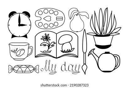 Illustrator's day, set of items, freehand drawings, with black stroke, on a transparent background, pictures for print and design