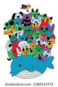 an illustrator's rendering of a whale surrounded by many cartoon animals and birds, in the style of kawaii pop art, abstract cats, colorful cartoon, emotive faces, hand coloring, simplistic cartoon