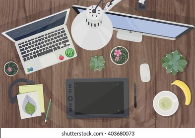 Illustrator's workspace in a flat style
