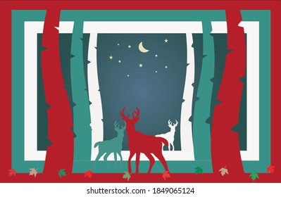 Illustrator/Vector paper cut style photo containing with dark blue sky at night, ,the moon and the star, deer, trees and colorful maple leaves. Using as wallpaper or background in Christmas season.