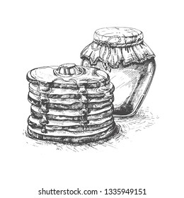 Illustratuion Healthy summer breakfast,homemade classic american pancakes with fresh berry and honey.Sketch.Stack of pancakes.American breakfast.Great for menu, poster or label.