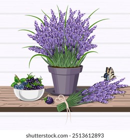 Ilustrazione con lavanda e bacche.Vetor ilustração com buquê de lavanda em um pote e bagas em uma tigela em uma mesa de madeira.