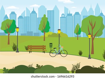 illustrazione di un  parco urbano con panchina, bicicletta e grattacieli