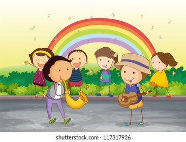 illustrion of kids playing music in beautiful nature