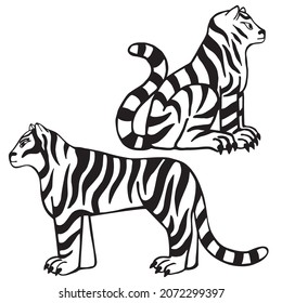 Illustrstion of black and white hand-drawn tigers in a naive cartoon style. Isolated vector illustration. Line art.