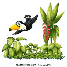 Illustrtaion of flying bird in the garden on a white background