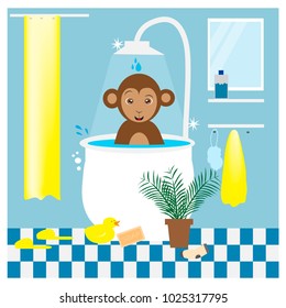 Illustrtation with monkey taking a bath