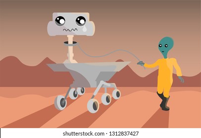 Illustrtation Opportunity, Mars, rover and Martian on Mars, robot, cosmic, space, astronautics,  "My battery is low and it's getting dark" 