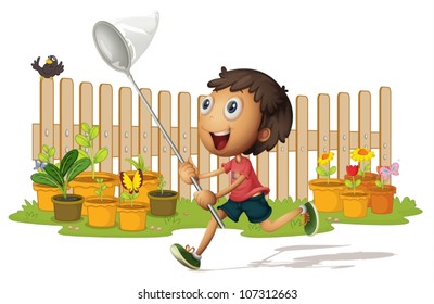 illustrtion of a boy catching butterflies on white