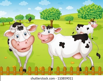 illustrtion of cows grazing in green farm