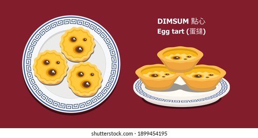 Illusttation vector isolated on red background of popular Chinese Dim Sum or Dimsum menu.Chinese language meaning is Dim Sum and mini egg tart