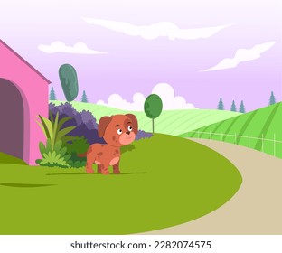 illutration animal cartoon background vector green tree grrass dog little dog cute dog road bushes branch cloud hut field farm  sky nature meadow flower landscape