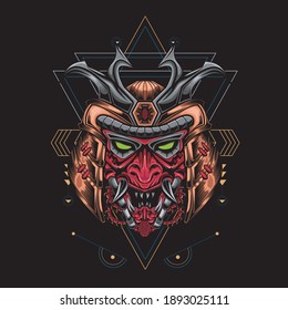 Illutration Samurai head with sacred geometry pattern. Perfect for design of t-shirts, stickers, merchandise, etc.