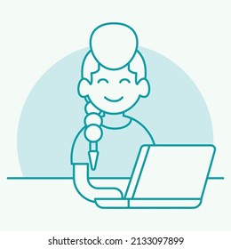 Illustrationsvektorgrafik 
Arbeitnehmerin vor dem Laptop. geeignet für die Beschreibung von Personalsymbol, Jobsymbol, Arbeitersymbol usw.