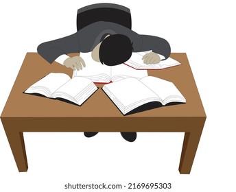 illutration vector graphic of tired man on the studying and working. perfect for sticker, banner, textbook, social media, t shirt design and etc