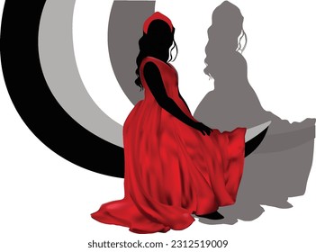 illutration with woman in red dress silhouette; isolated on white background