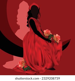 illutration with woman in red dress silhouette; isolated on bright background