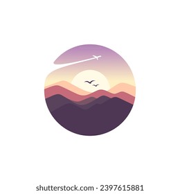 Ilustración del logo de Round Mountains. Logo redondo para pegatinas, logos de afiches, tarjeta. Paisaje de estilo minimalista