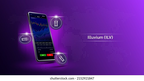 Illuvium and Phone. App for trading crypto currency on the touch screen smartphone. Data analytics stock market. Trends and financial strategy. Mobile banking cryptocurrency. Vector 3d. 